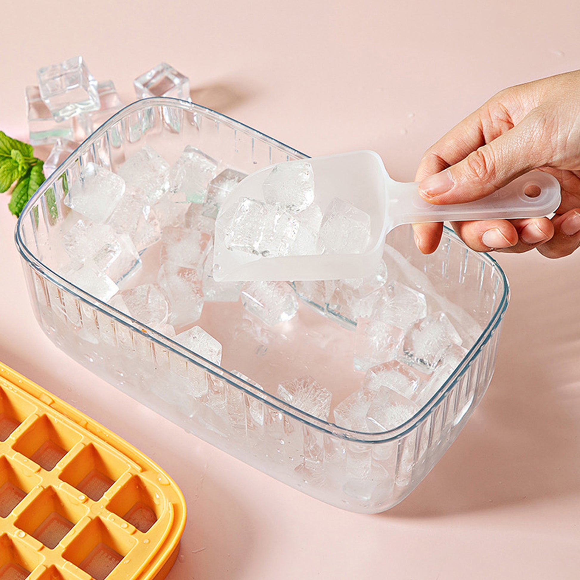REFFU Ice Cube Tray with Lid and Bin, Upgraded Press to Release All Ice Design 24 Stackable Ice Trays for Freezer with Ice Bin, Scoop, Tong. Durable